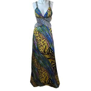 La Femme Paris Beaded Cutout Low Back Silk Multicolored Sexy Long Dress sz 8